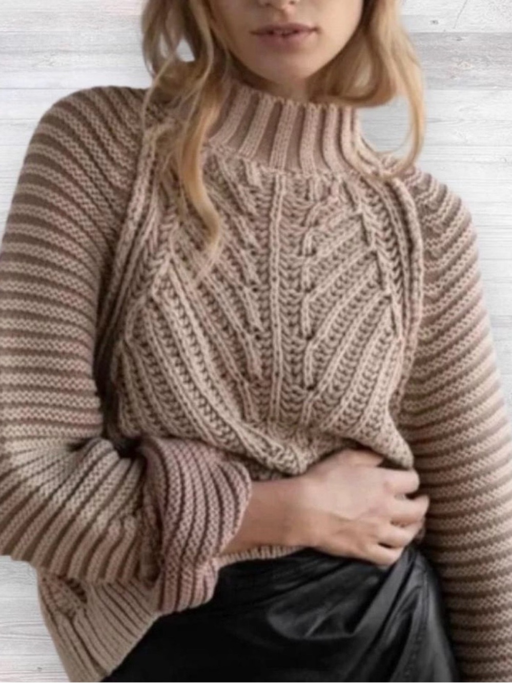 Free People Neutral Cable Knit Turtleneck Sweater - Taupe